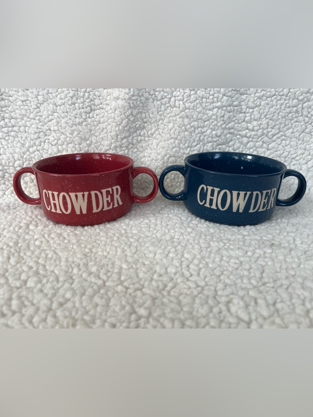 ND Exclusive speckled “chowder” Handled Soup Bowls, set of 2, red/blue